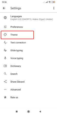 La section thème sur le clavier Android