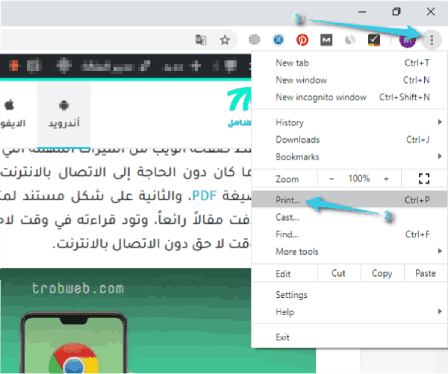 حفظ صفحة ويب كملف pdf على الكمبيوتر