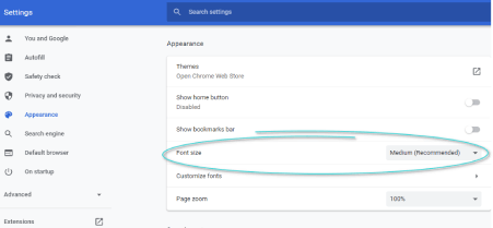 كيفية تغيير حجم الخط الافتراضي في متصفح chrome