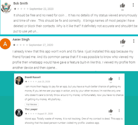 Commentaires sur les applications Whatsapp pour voir qui a visité votre profil