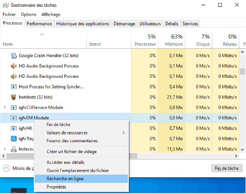 Recherche en ligne de programmes exécutés en arrière-plan sous Windows