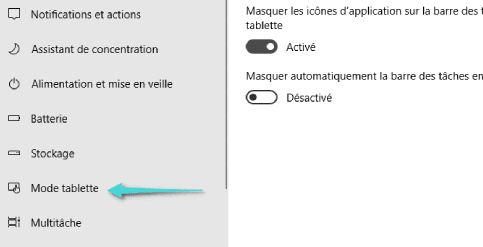 Paramètres du mode tablette