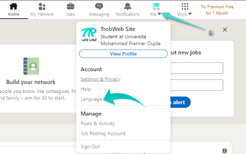 إعدادات اللغة على لينكد إن