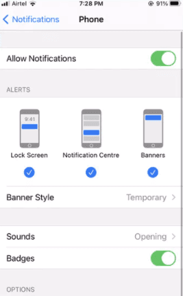 Paramètres de notification de l'application téléphonique