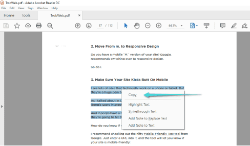 Copiez le texte d'un fichier PDF via Acrobat Reader DC