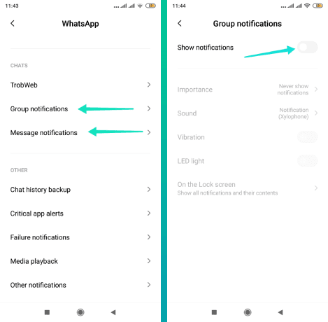 Masquer uniquement les notifications de messages de groupe Whatsapp