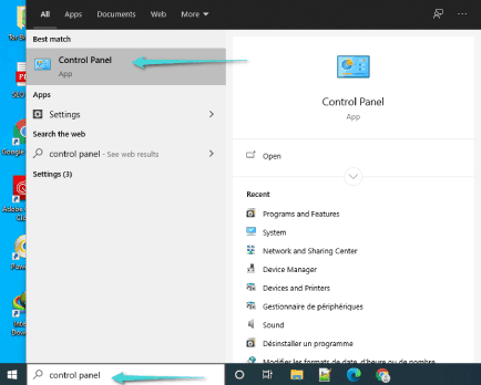 Ouvrir le panneau de configuration à partir de la recherche Windows