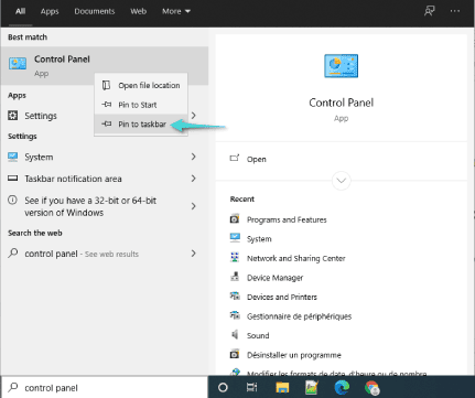 Ouvrez le Panneau de configuration à partir de la barre des tâches