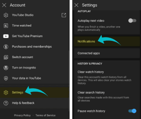 Paramètres de notification pour YouTube