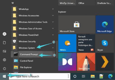 Ouvrez une invite de commande via le dossier système Windows