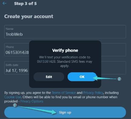 Confirmer la création d'un compte Twitter par SMS