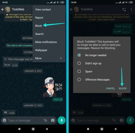 Bloquer une personne sur Whatsapp