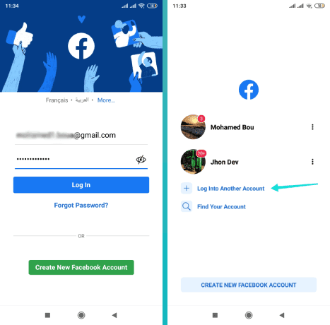 Connectez-vous au compte Facebook via l'application