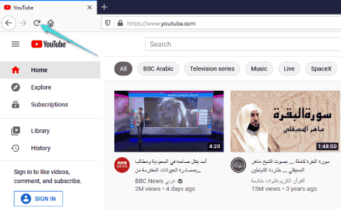 Recharger la page YouTube