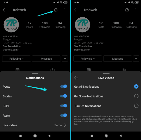 Activer l'histoire, les publications et les notifications IGTV de quelqu'un