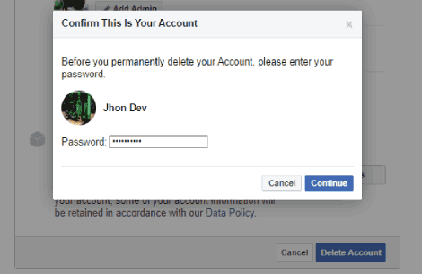 Confirmer la suppression définitive du compte Facebook
