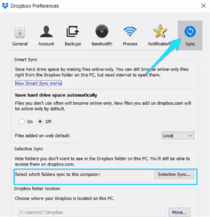 Option de synchronisation sélective Dropbox