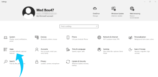 Section Paramètres de l'application sur Windows 10