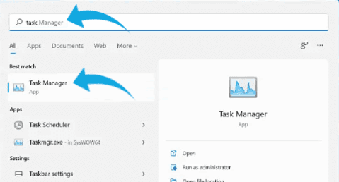 Rechercher dans le menu démarrer sur Task Manager