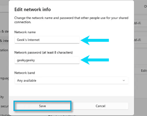 تحرير معلومات Hotspot على ويندوز 11