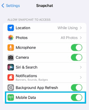 Activer les données du téléphone pour que Snapchat résolve l'échec de l'envoi de messages