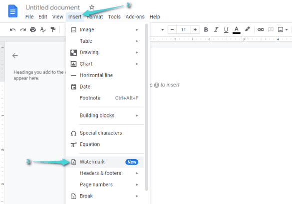 إدراج العلامة المائية في مستند Google Docs