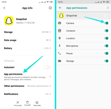 Vérifiez les autorisations de la caméra pour Snapchat