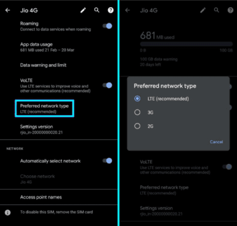 Changer le type de réseau dans Android