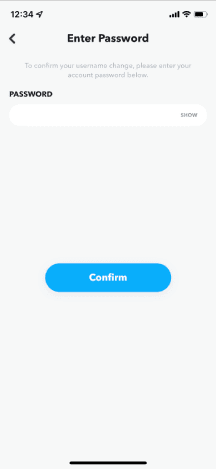Entrez le mot de passe pour confirmer le changement de nom d'utilisateur sur Snapchat
