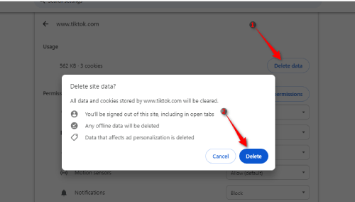 مسح بيانات موقع تيك توك على متصفح Google Chrome